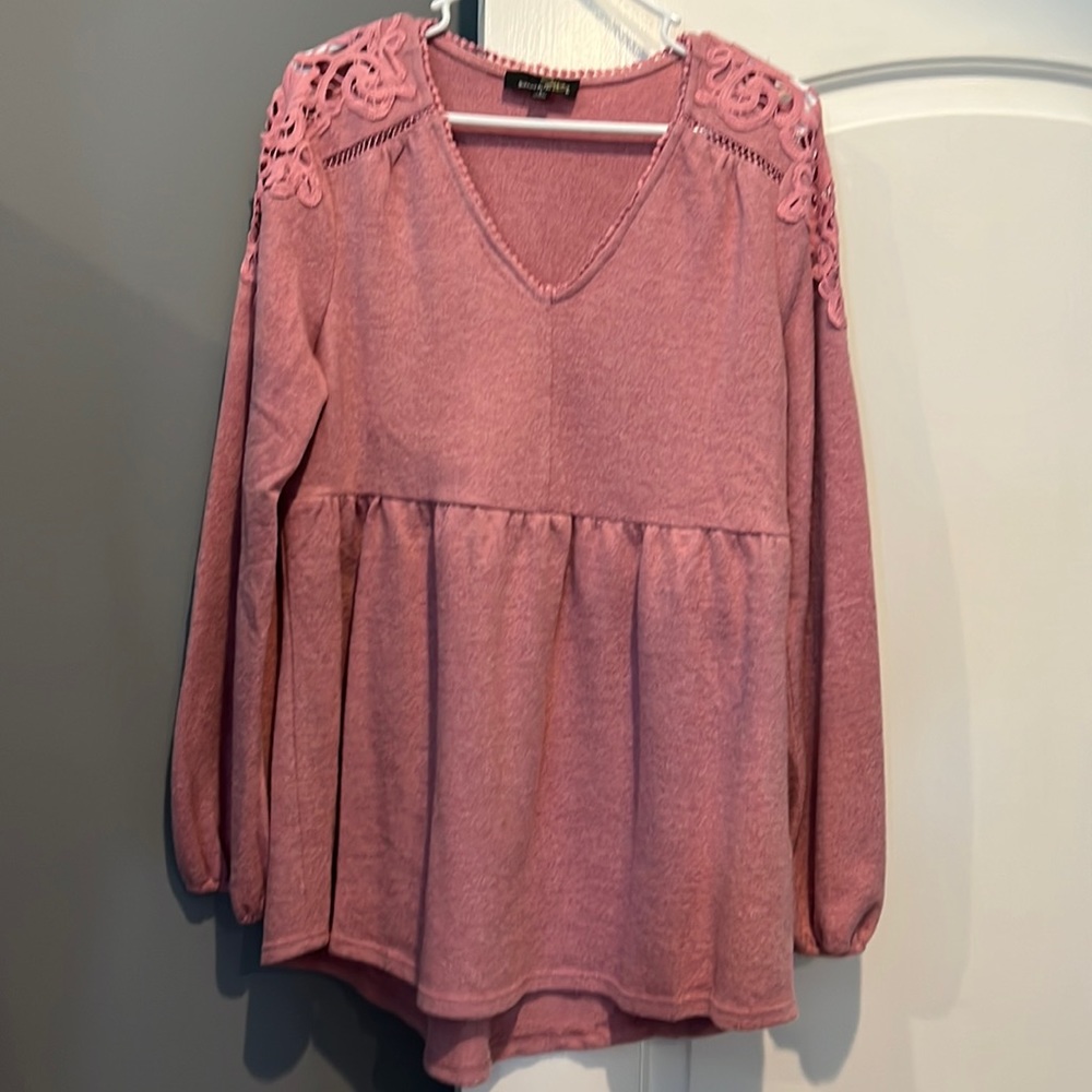 Size large, veee neck sweater with lace detailing by Susan Betro